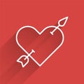 White line Amour symbol with heart and arrow icon isolated with long shadow. Love sign. Valentines symbol. Vector
