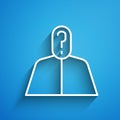 White line Anonymous man with question mark icon isolated on blue background. Unknown user, incognito profile, business Royalty Free Stock Photo