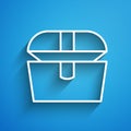 White line Antique treasure chest icon isolated on blue background. Vintage wooden chest with golden coin. Long shadow Royalty Free Stock Photo