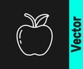 White line Apple icon isolated on black background. Fruit with leaf symbol. Vector Illustration Royalty Free Stock Photo
