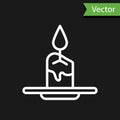 White line Aroma candle icon isolated on black background. Vector Royalty Free Stock Photo