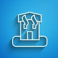 White line Arson home icon isolated on blue background. Fire in building. Flames from office windows. Burn facility Royalty Free Stock Photo
