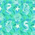 White line art seahorse, starfish and seashell seamless pattern on green and blue seaweed background