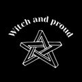 White line art witchcraft and magic print with pentacle and text witch and proud on a black background. Royalty Free Stock Photo