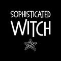 White line art witchcraft and magic print with text Sophisticated Witch on a black background. Vector esoteric clipart.