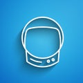 White line Astronaut helmet icon isolated on blue background. Long shadow