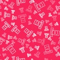 White line ATM - Automated teller machine and money icon isolated seamless pattern on red background. Vector Royalty Free Stock Photo