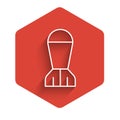 White line Aviation bomb icon isolated with long shadow. Rocket bomb flies down. Red hexagon button. Vector