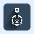 White line Banjo icon isolated with long shadow background. Musical instrument. Blue square button. Vector