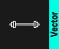 White line Barbell icon isolated on black background. Muscle lifting icon, fitness barbell, gym, sports equipment