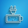 White line Battery charge level indicator icon isolated on blue background. Long shadow. Vector Royalty Free Stock Photo