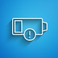 White line Battery charge level indicator icon isolated on blue background. Long shadow. Vector Royalty Free Stock Photo
