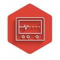 White line Beat dead in monitor icon isolated with long shadow. ECG showing death. Red hexagon button. Vector