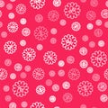White line Bee on flower icon isolated seamless pattern on red background. Sweet natural food. Honeybee or apis with Royalty Free Stock Photo