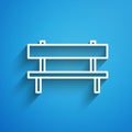 White line Bench icon isolated on blue background. Long shadow