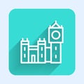 White line Big Ben tower icon isolated with long shadow. Symbol of London and United Kingdom. Green square button Royalty Free Stock Photo