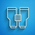 White line Binoculars icon isolated on blue background. Find software sign. Spy equipment symbol. Long shadow. Vector Royalty Free Stock Photo