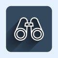 White line Binoculars icon isolated with long shadow background. Find software sign. Spy equipment symbol. Blue square Royalty Free Stock Photo