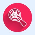 White line Biohazard and magnifying glass icon isolated with long shadow. Red circle button. Vector Royalty Free Stock Photo