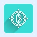 White line Bitcoin in the target icon isolated with long shadow. Investment target icon. Green square button. Vector Royalty Free Stock Photo