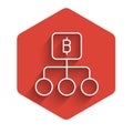 White line Blockchain technology Bitcoin icon isolated with long shadow. Abstract geometric block chain network