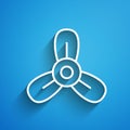 White line Boat propeller, turbine icon isolated on blue background. Long shadow. Vector Royalty Free Stock Photo