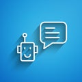 White line Bot icon isolated on blue background. Robot icon. Long shadow. Vector