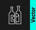 White line Bottles of wine icon isolated on black background. Vector Illustration Royalty Free Stock Photo