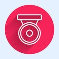 White line Boxing gong icon isolated with long shadow background. Boxing bell. Red circle button. Vector