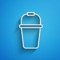 White line Bucket icon isolated on blue background. Long shadow. Vector