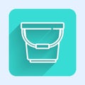 White line Bucket icon isolated with long shadow. Green square button. Vector Illustration