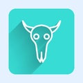 White line Buffalo skull icon isolated with long shadow. Green square button. Vector Illustration