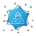 White line Builder icon isolated on white background. Construction worker. Blue hexagon button. Vector