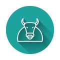 White line Bull icon isolated with long shadow. Spanish fighting bull. Green circle button. Vector Royalty Free Stock Photo