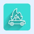 White line Burning car icon isolated with long shadow background. Insurance concept. Car on fire. Broken auto covered Royalty Free Stock Photo