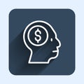 White line Business man planning mind icon isolated with long shadow background. Head with dollar. Idea to earn money