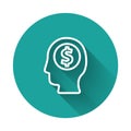 White line Business man planning mind icon isolated with long shadow background. Human head with dollar. Idea to earn