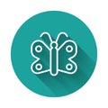 White line Butterfly icon isolated with long shadow background. Green circle button. Vector Royalty Free Stock Photo