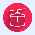 White line Cable car icon isolated with long shadow background. Funicular sign. Red circle button. Vector Royalty Free Stock Photo