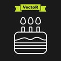 White line Cake with burning candles icon isolated on black background. Happy Birthday. Vector Royalty Free Stock Photo