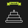 White line Cake with burning candles icon isolated on black background. Happy Birthday. Vector Royalty Free Stock Photo