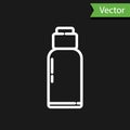 White line Canteen water bottle icon isolated on black background. Tourist flask icon. Jar of water use in the campaign. Vector Royalty Free Stock Photo