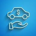 White line Car rental icon isolated on blue background. Rent a car sign. Key with car. Concept for automobile repair Royalty Free Stock Photo