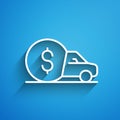 White line Car rental icon isolated on blue background. Rent a car sign. Key with car. Concept for automobile repair Royalty Free Stock Photo