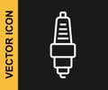 White line Car spark plug icon isolated on black background. Car electric candle. Vector Royalty Free Stock Photo