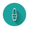 White line Car spark plug icon isolated with long shadow. Car electric candle. Green circle button. Vector Royalty Free Stock Photo