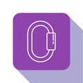 White line Carabiner icon isolated on white background. Extreme sport. Sport equipment. Purple square button. Vector