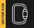 White line Carabiner icon isolated on black background. Extreme sport. Sport equipment. Vector