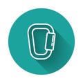 White line Carabiner icon isolated with long shadow. Extreme sport. Sport equipment. Green circle button. Vector