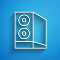 White line Case of computer icon isolated on blue background. Computer server. Workstation. Long shadow. Vector